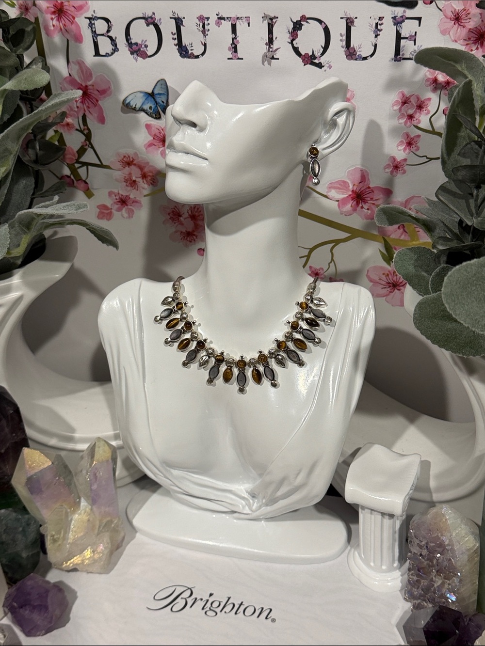 🆕🐅 RARE SET BRIGHTON VTG SLVR TIGERS EYE/ONYX Statement Necklace